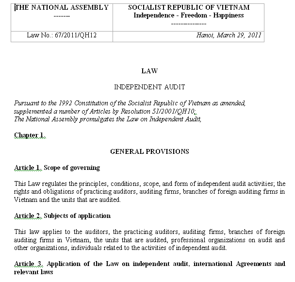 Law on Independent Audit in Vietam.